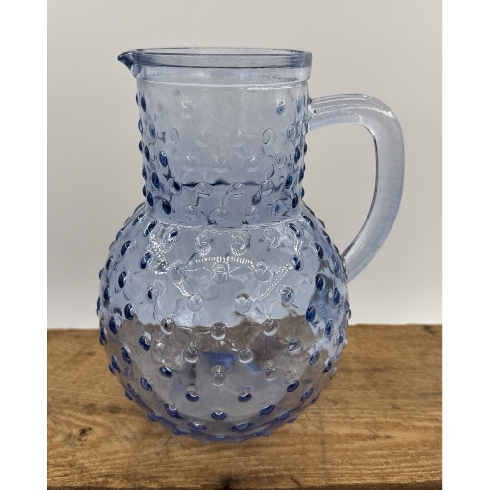 Pitcher Blue Glass Hobnail Thousand-Eye Pattern Chic 8.25" Tall‎ Farmhouse